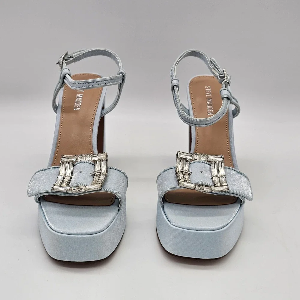 Steve Madden Liandra-B Block Heel Platform Sandals Womens 6.5 Blue Satin Crystal